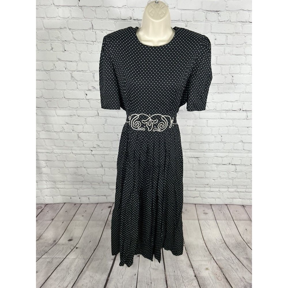 VTG S.L. Fashions Black White Polka Dot Shoulder Pad Fabric Embellished Dress 10